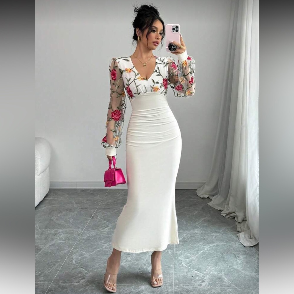 Floral Sheer Sleeve White Maxi Dress